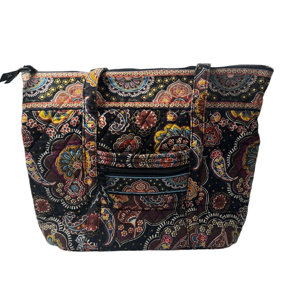 Vera Bradley Quilted Cotton Zip Tote Shoulder Bag Paisley Floral‎ Black